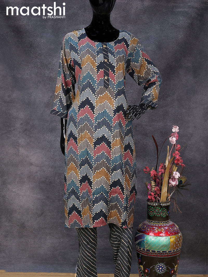 Rayon readymade kurti set multi colour and black with allover bandhani prints & simple neck pattern and straight cut pant