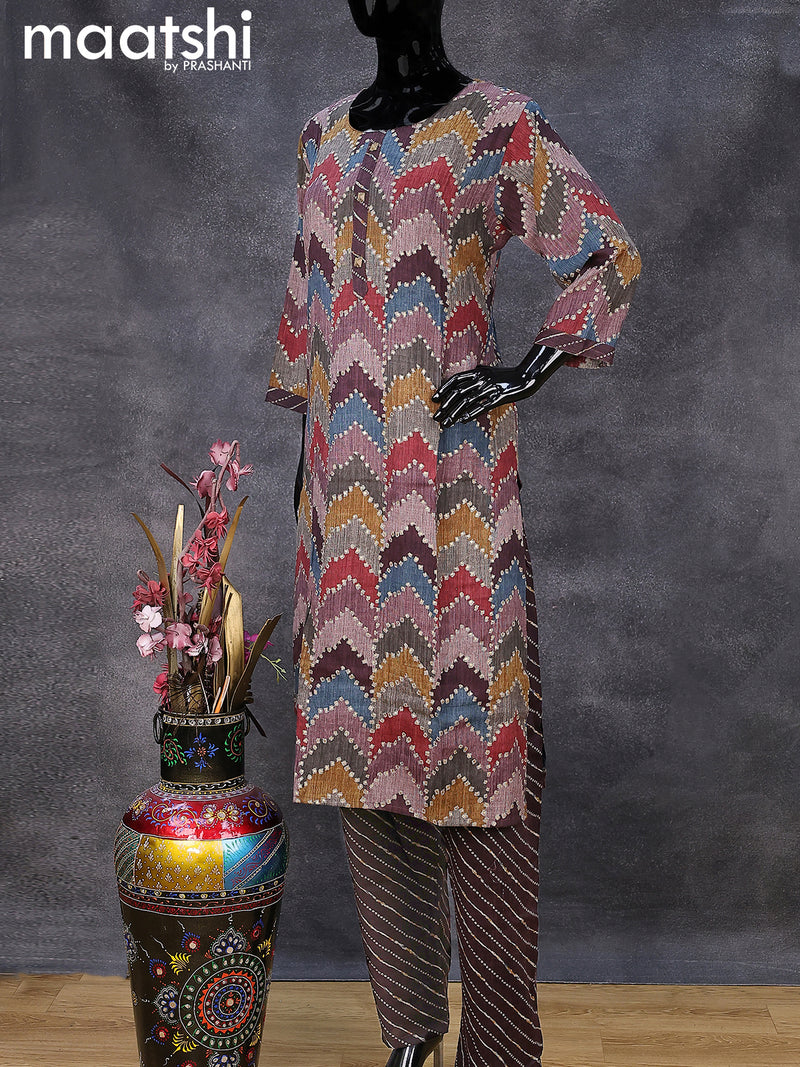 Rayon readymade kurti set multi colour and coffee brown with allover bandhani prints & simple neck pattern and straight cut pant
