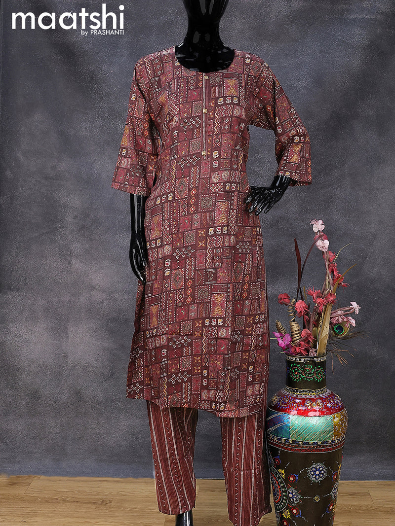 Rayon readymade kurti set brown with allover prints & simple neck pattern and straight cut pant