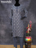 Rayon readymade kurti set dark navy blue with allover prints & simple neck pattern and straight cut pant