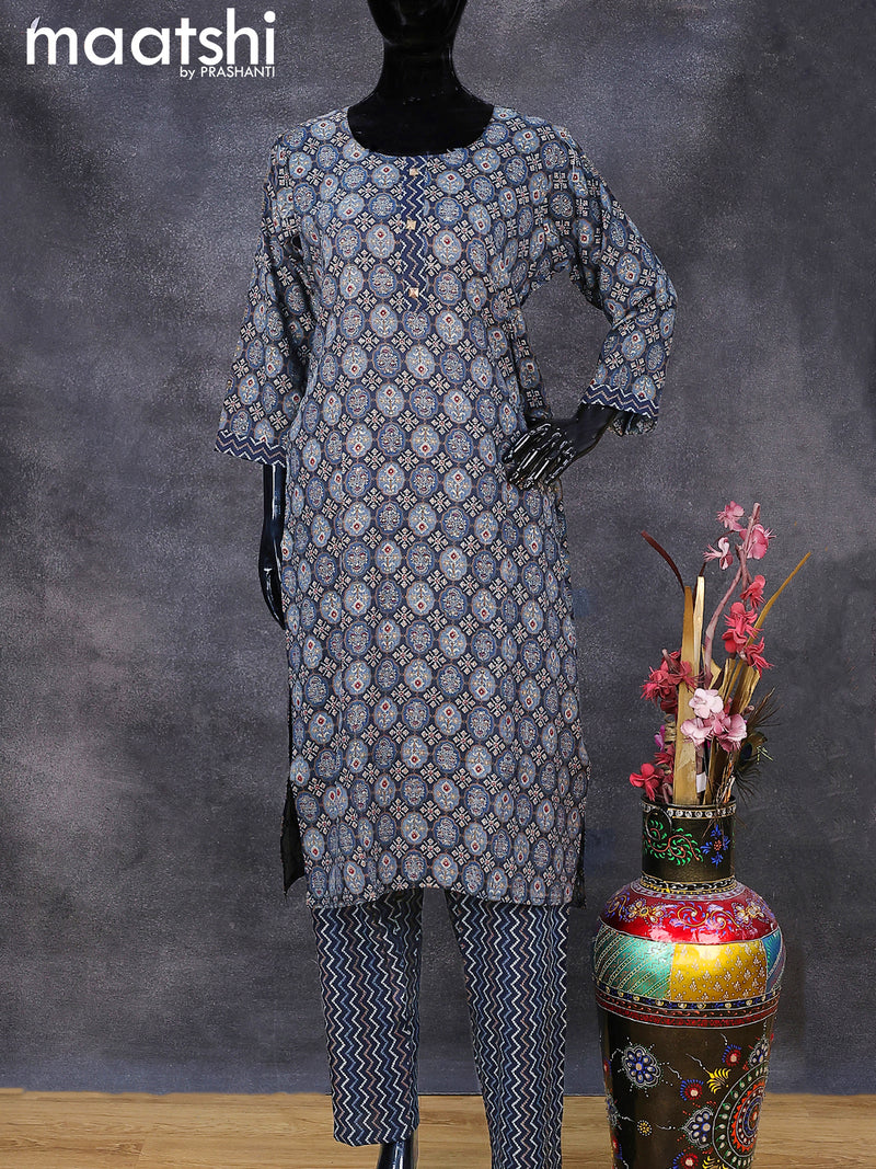 Rayon readymade kurti set dark navy blue with allover prints & simple neck pattern and straight cut pant