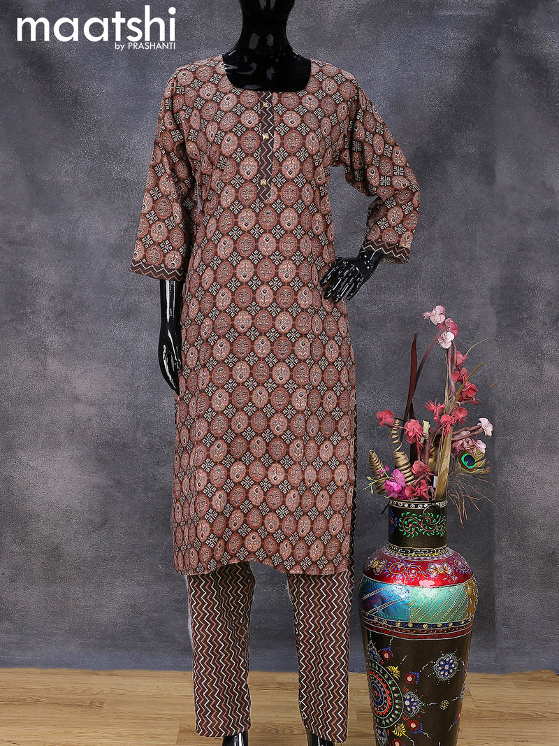 Rayon readymade kurti set pastel brown and brown with allover prints & simple neck pattern and straight cut pant