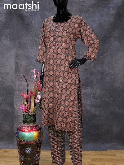 Rayon readymade kurti set pastel brown and brown with allover prints & simple neck pattern and straight cut pant
