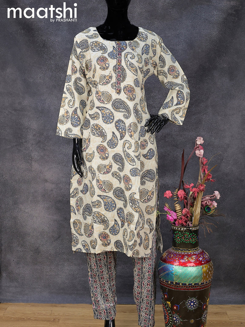 Rayon readymade kurti set cream and grey with allover paisley prints & simple neck pattern and straight cut pant