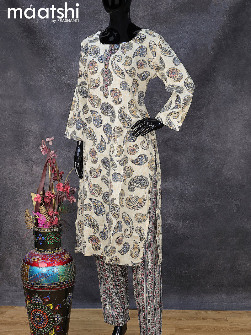 Rayon readymade kurti set cream and grey with allover paisley prints & simple neck pattern and straight cut pant