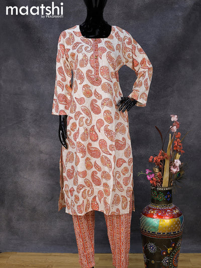 Rayon readymade kurti set cream and red shade with allover paisley prints & simple neck pattern and straight cut pant