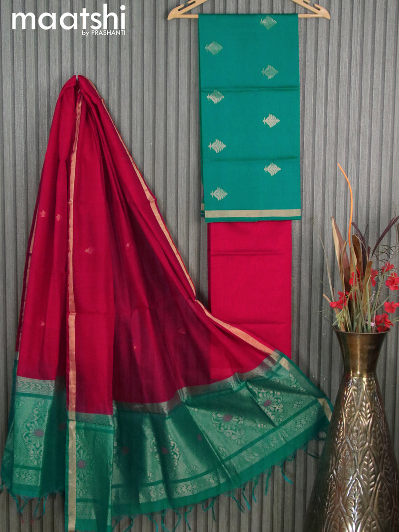 Silk cotton dress material teal green and red with zari woven buttas and bottom & zari dupatta
