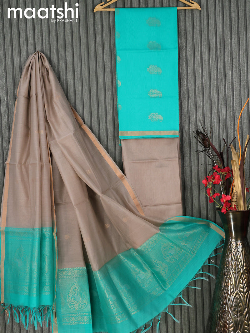 Silk cotton dress material teal green and grey shade with zari woven buttas and bottom & zari dupatta