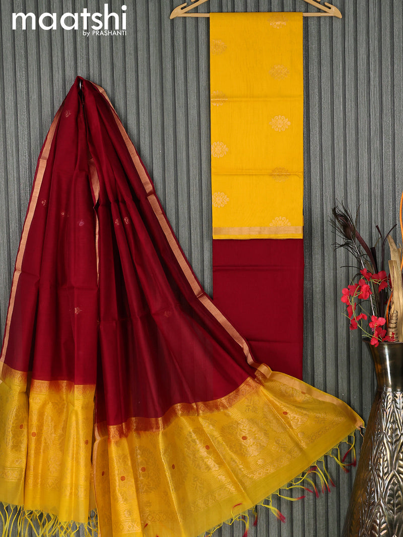 Silk cotton dress material yellow and maroon with zari woven buttas and bottom & zari dupatta