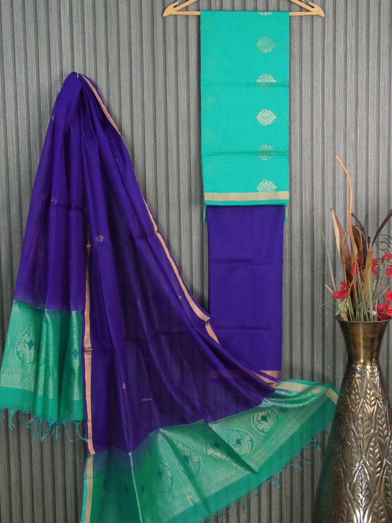 Silk cotton dress material teal blue shade and blue with zari woven buttas and bottom & zari dupatta