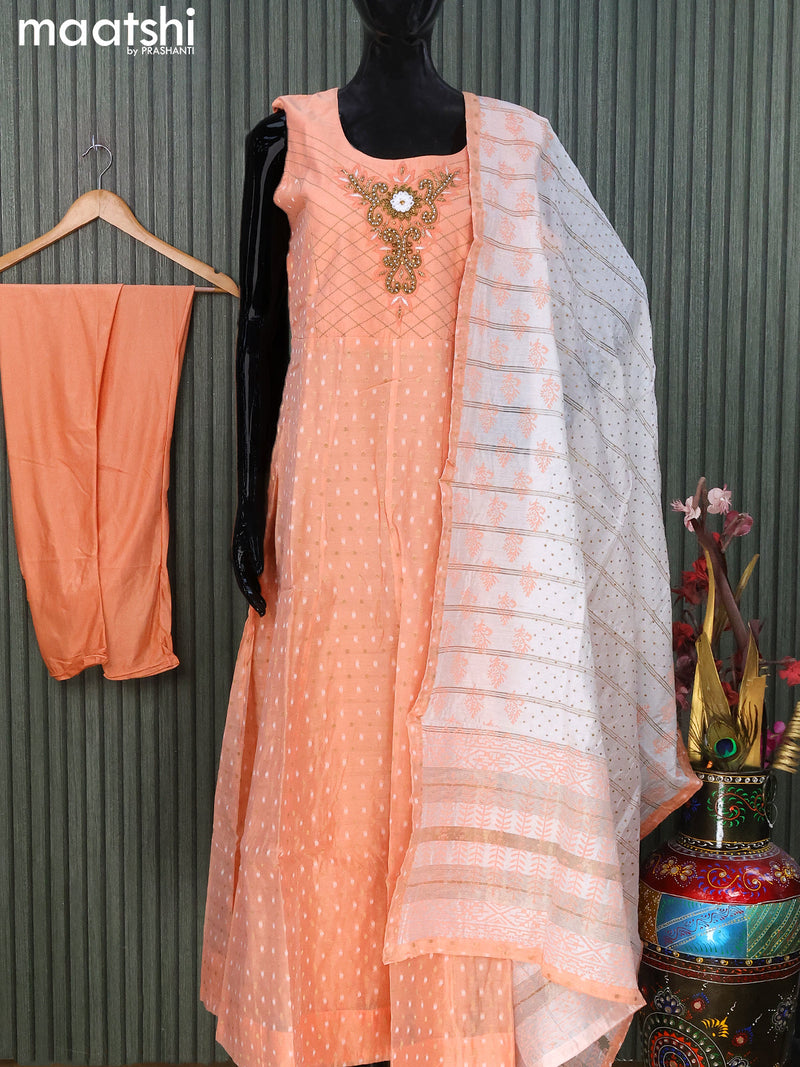 Raw silk readymade anarkali salwar suits peach orange with allover zari weaves & beaded work neck pattern and straight cut pant & printed dupatta sleeve attached