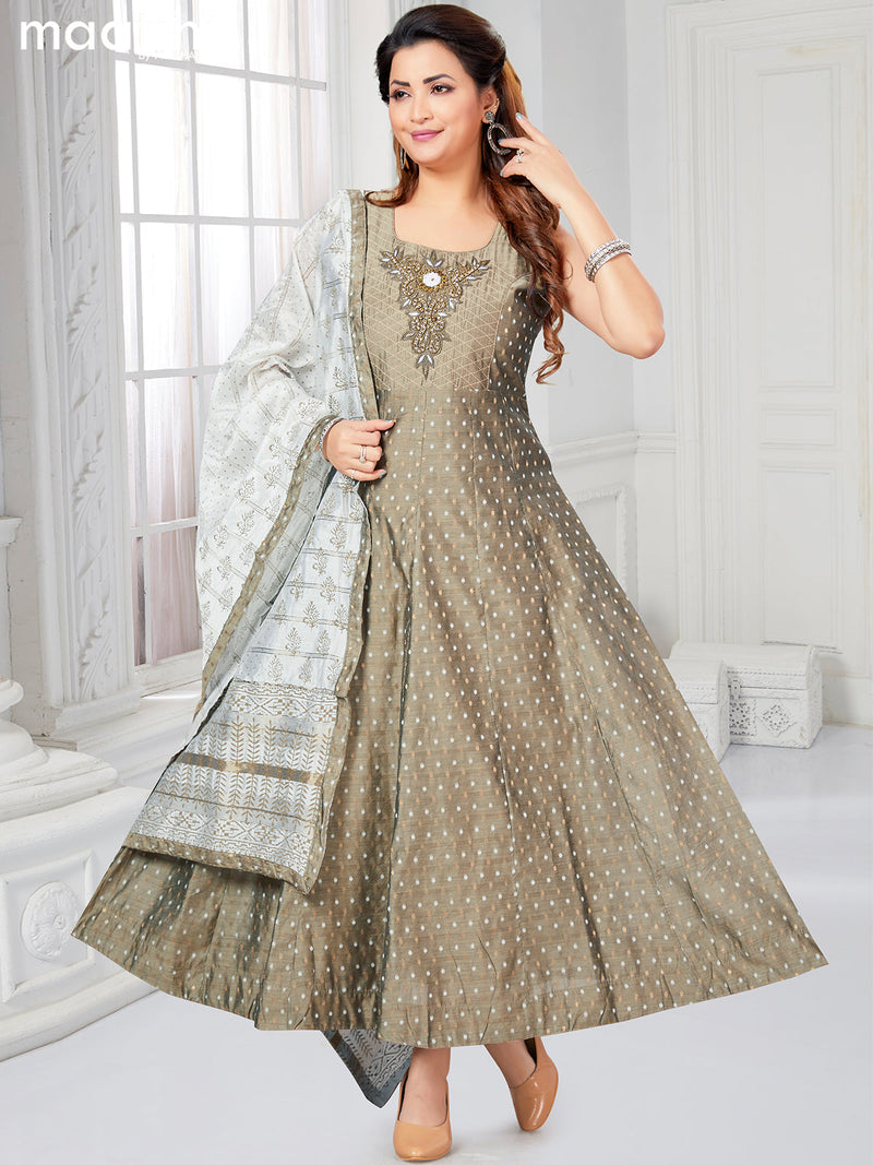Raw silk readymade anarkali salwar suits grey shade with allover zari weaves & beaded work neck pattern and straight cut pant & printed dupatta sleeve attached