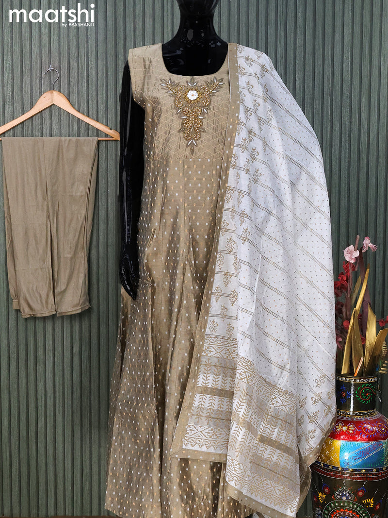 Raw silk readymade anarkali salwar suits grey shade with allover zari weaves & beaded work neck pattern and straight cut pant & printed dupatta sleeve attached