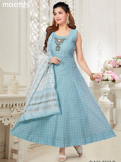 Raw silk readymade anarkali salwar suits pastel blue shade with allover zari weaves & beaded work neck pattern and straight cut pant & printed dupatta sleeve attached