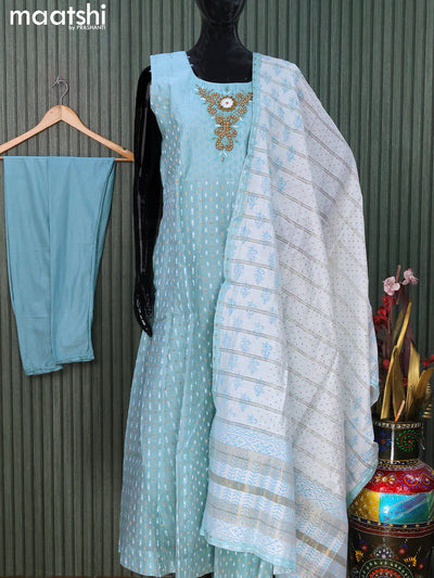 Raw silk readymade anarkali salwar suits pastel blue shade with allover zari weaves & beaded work neck pattern and straight cut pant & printed dupatta sleeve attached