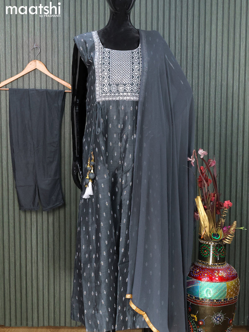Raw silk readymade anarkali salwar suits grey with allover butta prints & sequin work neck pattern and straight cut pant & printed dupatta sleeve attached