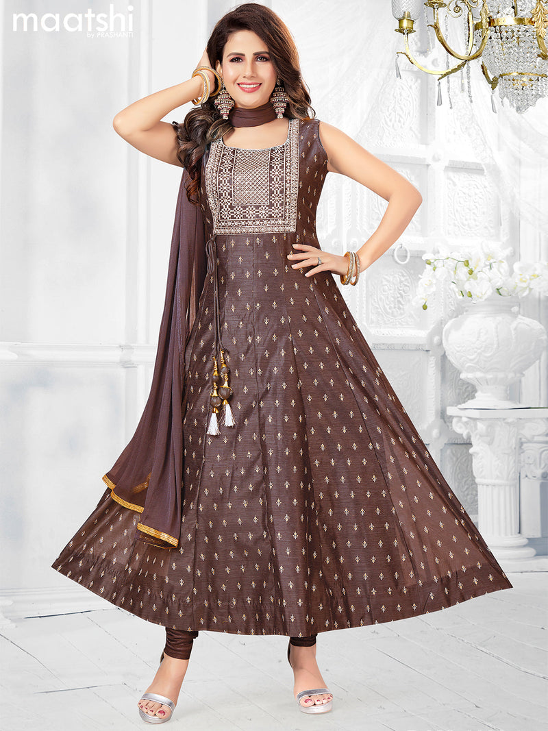 Raw silk readymade anarkali salwar suits coffee brown with allover butta prints & sequin work neck pattern and straight cut pant & printed dupatta sleeve attached