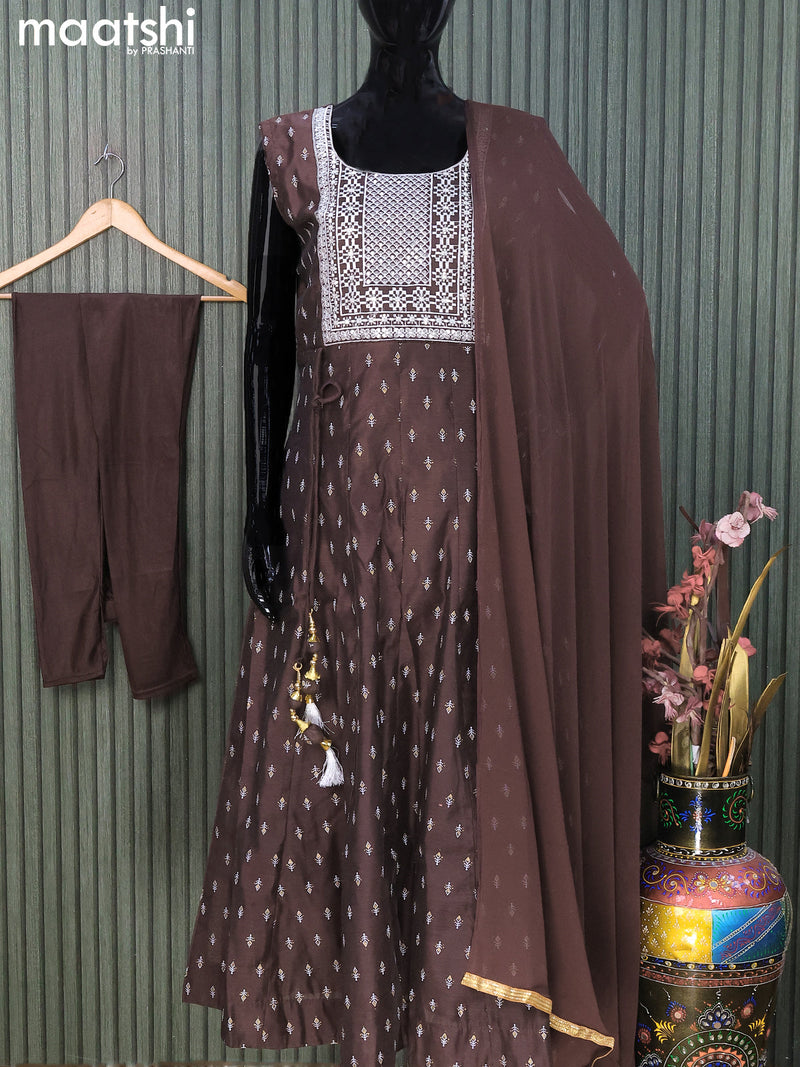 Raw silk readymade anarkali salwar suits coffee brown with allover butta prints & sequin work neck pattern and straight cut pant & printed dupatta sleeve attached