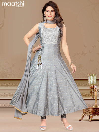Raw silk readymade anarkali salwar suits pastel grey with allover butta prints & sequin work neck pattern and straight cut pant & printed dupatta sleeve attached