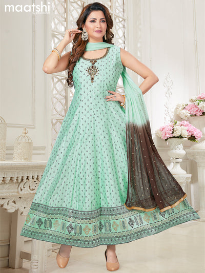 Raw silk readymade anarkali salwar suits teal shade and brown with allover butta prints & embroidery stone work neck pattern and straight cut pant & printed dupatta sleeve attached