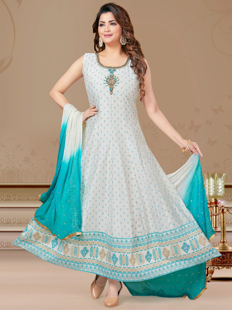 Raw silk readymade anarkali salwar suits off white and light blue with allover butta prints & embroidery stone work neck pattern and straight cut pant & printed dupatta sleeve attached