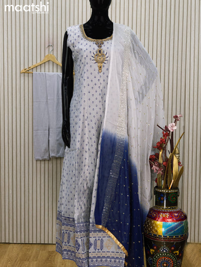 Raw silk readymade anarkali salwar suits grey and navy blue with allover butta prints & embroidery stone work neck pattern and straight cut pant & printed dupatta sleeve attached