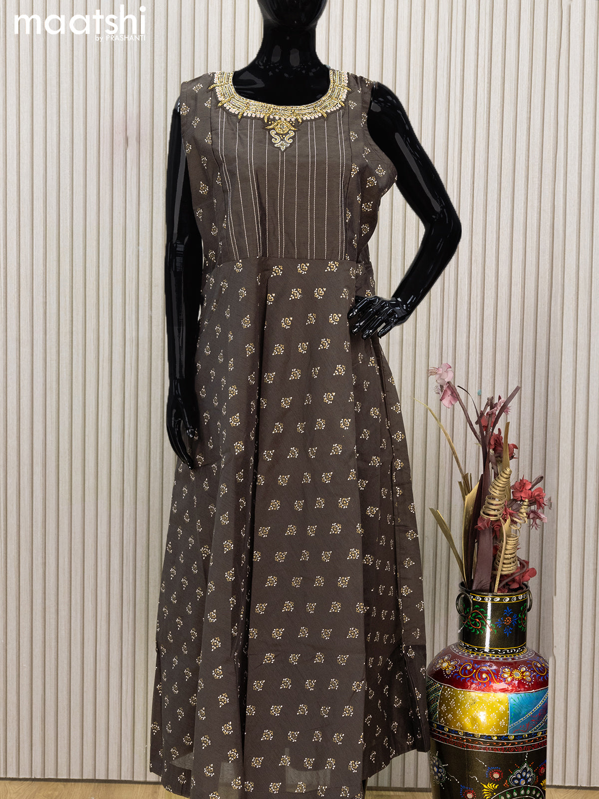 Raw silk readymade anarkali salwar suits brown shade with allover butta prints & embroidery stone work neck pattern and straight cut pant & printed dupatta sleeve attached