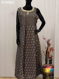 Raw silk readymade anarkali salwar suits brown shade with allover butta prints & embroidery stone work neck pattern and straight cut pant & printed dupatta sleeve attached