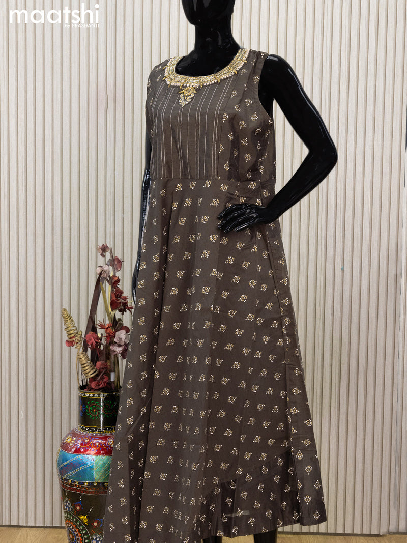 Raw silk readymade anarkali salwar suits brown shade with allover butta prints & embroidery stone work neck pattern and straight cut pant & printed dupatta sleeve attached