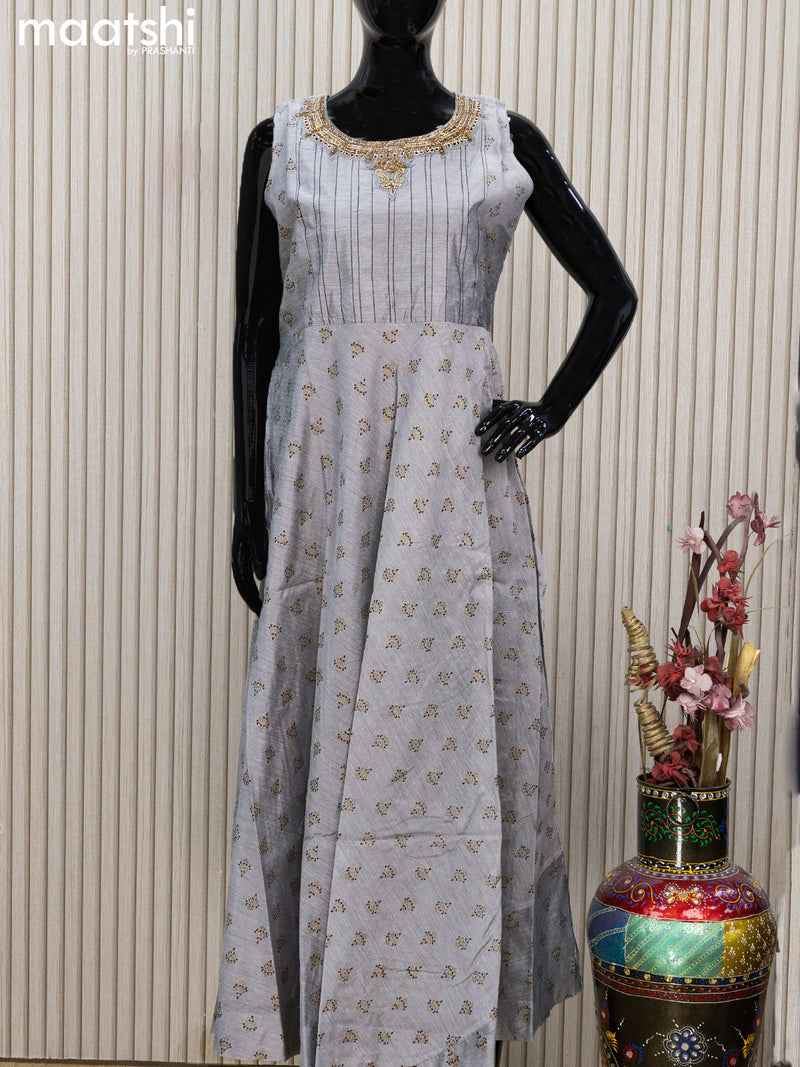 Raw silk readymade anarkali salwar suits grey with allover butta prints & embroidery stone work neck pattern and straight cut pant & printed dupatta sleeve attached