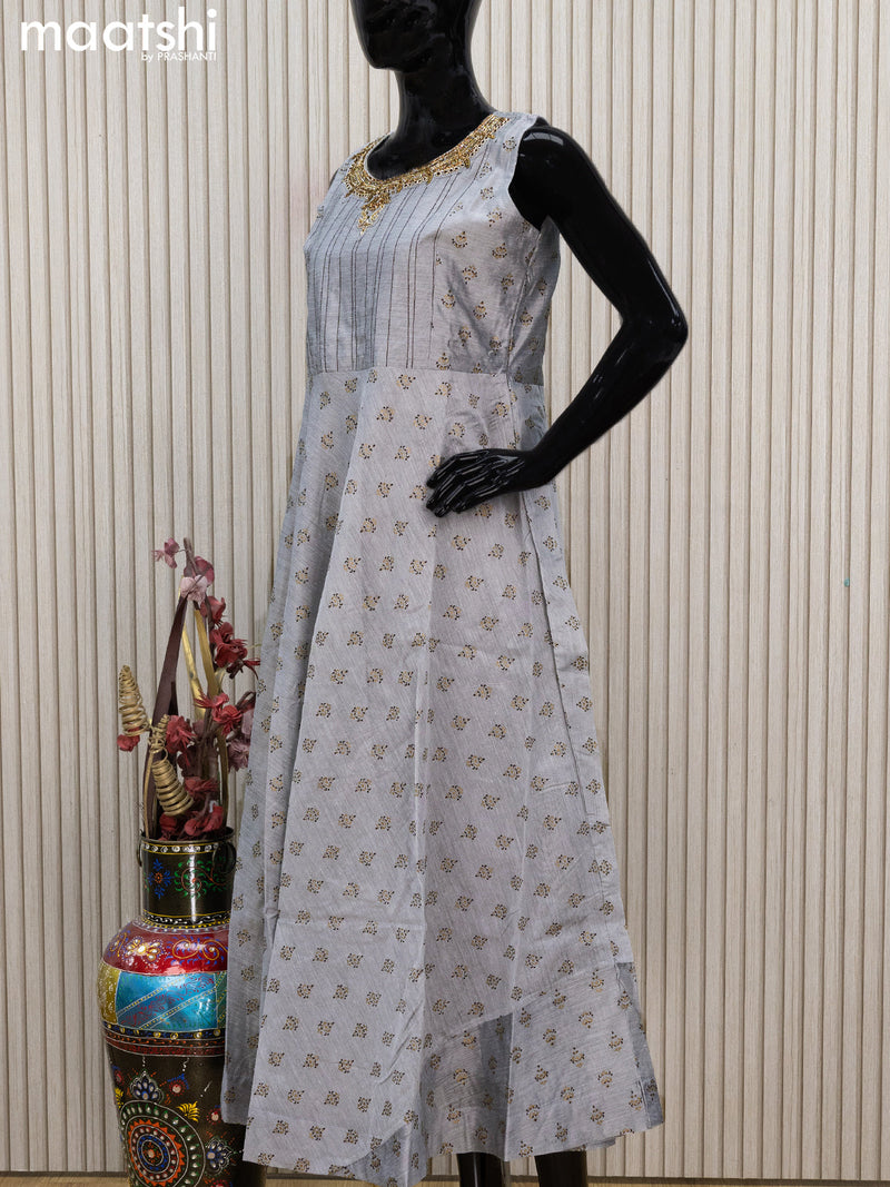 Raw silk readymade anarkali salwar suits grey with allover butta prints & embroidery stone work neck pattern and straight cut pant & printed dupatta sleeve attached