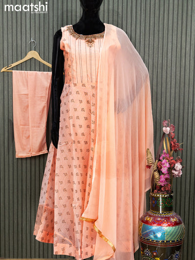 Raw silk readymade anarkali salwar suits peach orange with allover butta prints & embroidery stone work neck pattern and straight cut pant & printed dupatta sleeve attached
