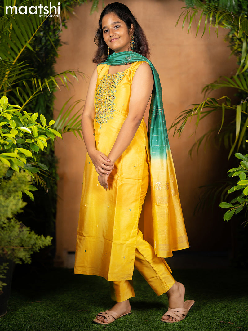 Raw silk readymade salwar suits pale yellow with embroidery & mirror work neck pattern and straight cut pant & zari stripe dupatta sleeve attached