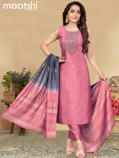 Raw silk readymade salwar suits mauve pink with embroidery & mirror work neck pattern and straight cut pant & zari stripe dupatta sleeve attached