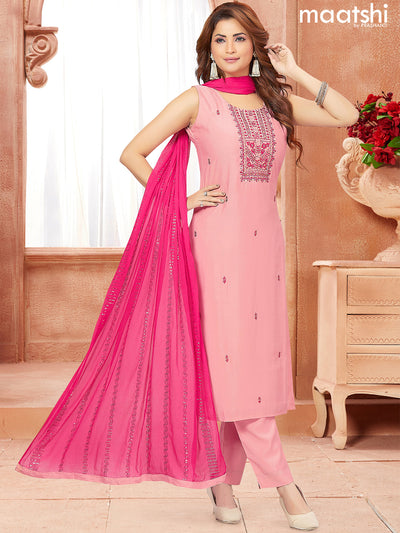 Chanderi readymade salwar suits pastel pink with embroidery & mirror work neck pattern and straight cut pant & chiffon dupatta sleeve attached