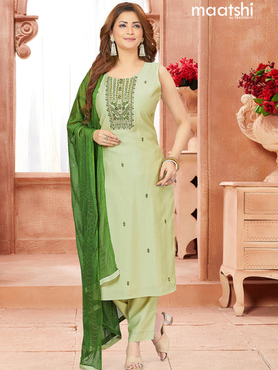 Chanderi readymade salwar suits pastel green with embroidery & mirror work neck pattern and straight cut pant & chiffon dupatta sleeve attached
