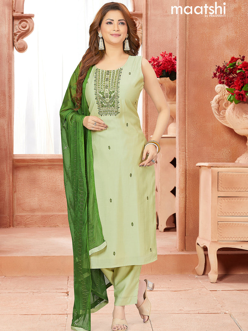 Chanderi readymade salwar suits pastel green with embroidery & mirror work neck pattern and straight cut pant & chiffon dupatta sleeve attached