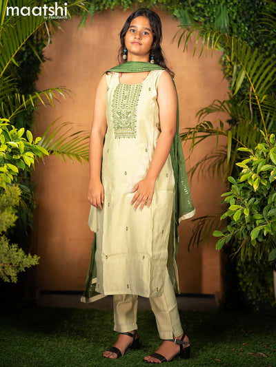 Chanderi readymade salwar suits pastel green with embroidery & mirror work neck pattern and straight cut pant & chiffon dupatta sleeve attached