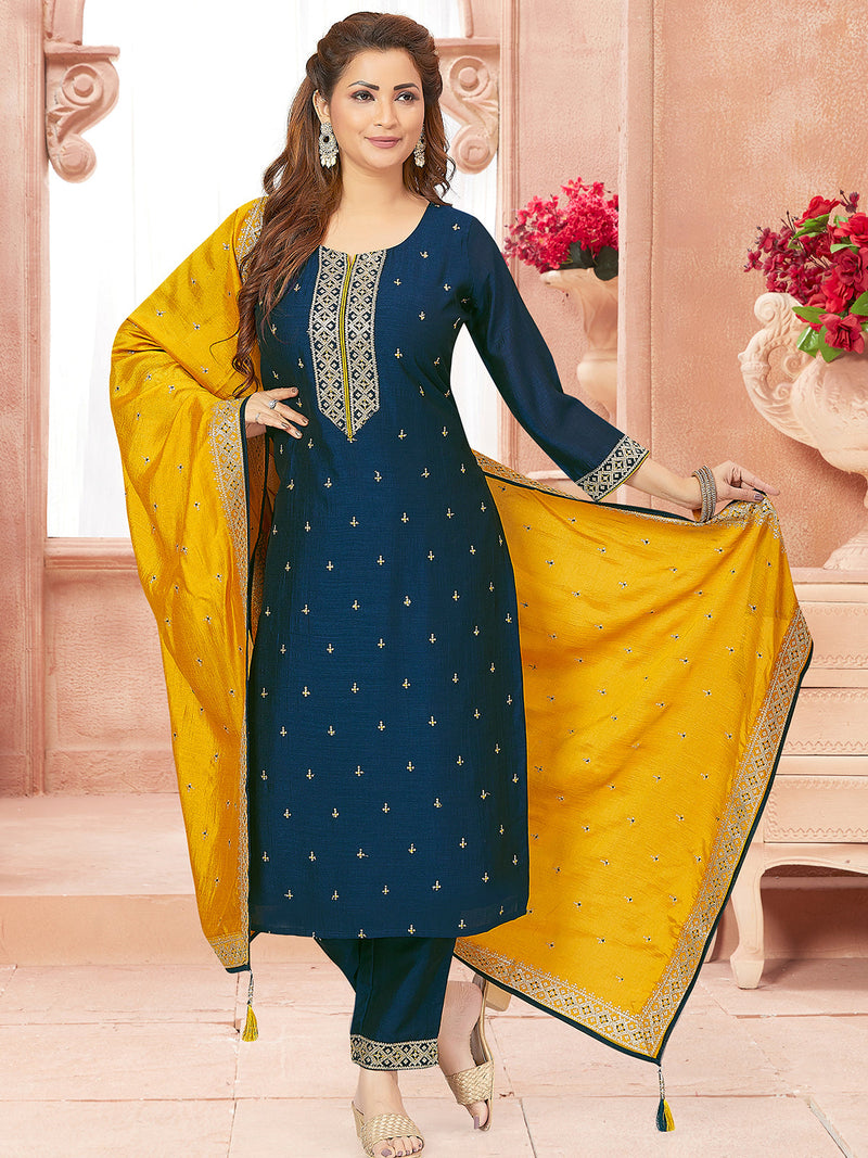 Raw silk readymade salwar suits dark peacock blue with embroidery work neck pattern and straight cut pant & dupatta sleeve attached