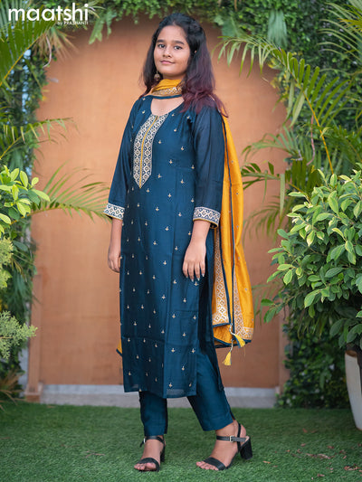 Raw silk readymade salwar suits dark peacock blue with embroidery work neck pattern and straight cut pant & dupatta sleeve attached