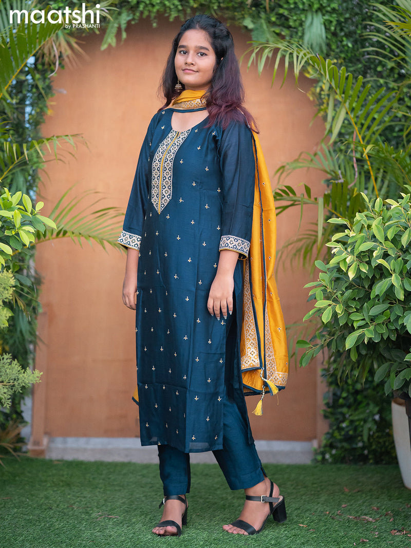 Raw silk readymade salwar suits dark peacock blue with embroidery work neck pattern and straight cut pant & dupatta sleeve attached