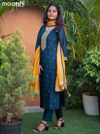 Raw silk readymade salwar suits dark peacock blue with embroidery work neck pattern and straight cut pant & dupatta sleeve attached