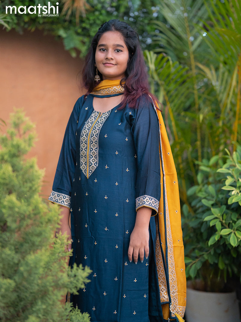 Raw silk readymade salwar suits dark peacock blue with embroidery work neck pattern and straight cut pant & dupatta sleeve attached