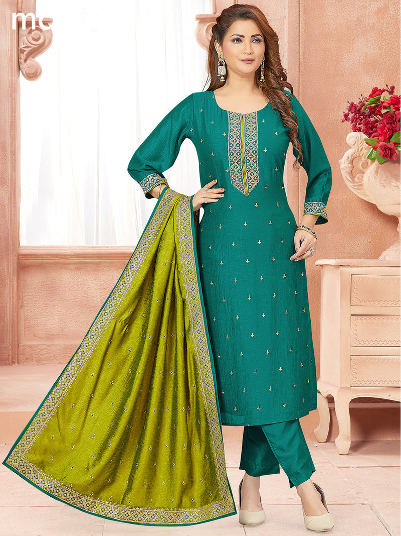 Raw silk readymade salwar suits peacock green with embroidery work neck pattern and straight cut pant & dupatta sleeve attached