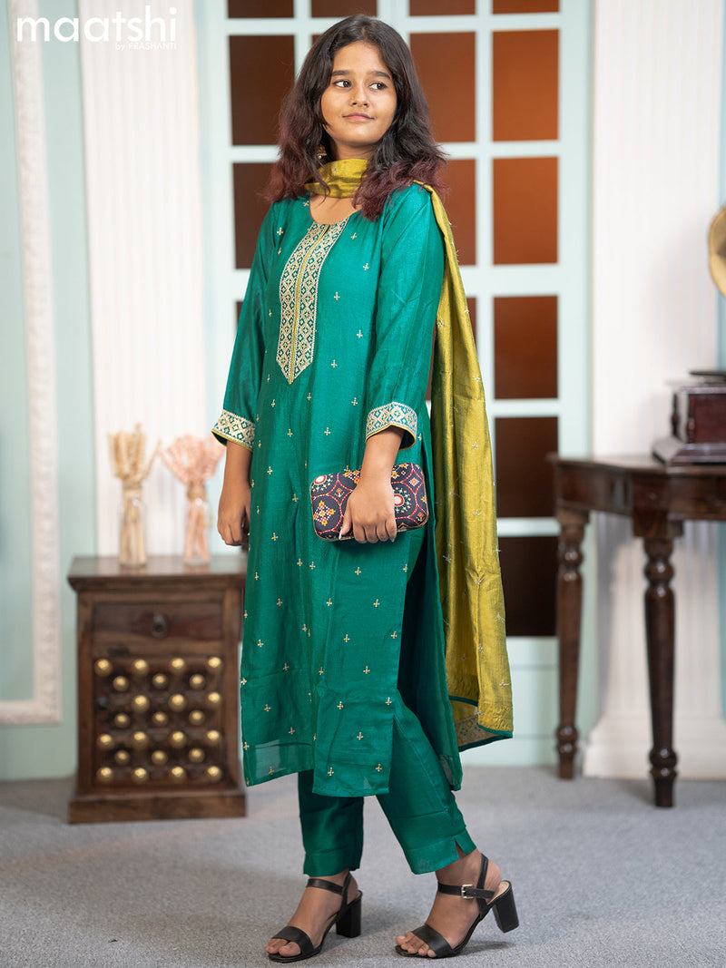 Raw silk readymade salwar suits peacock green with embroidery work neck pattern and straight cut pant & dupatta sleeve attached