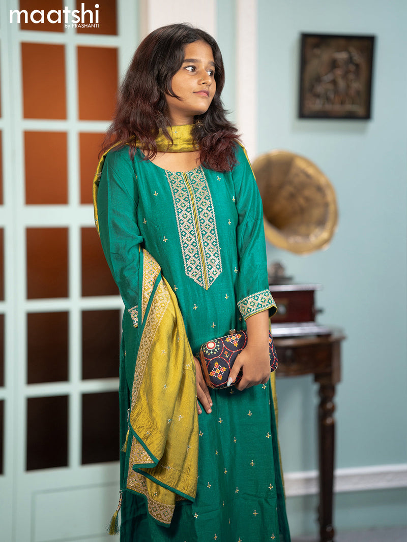 Raw silk readymade salwar suits peacock green with embroidery work neck pattern and straight cut pant & dupatta sleeve attached
