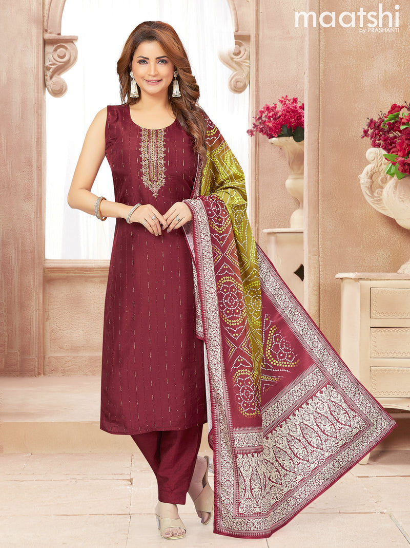 Chanderi readymade salwar suits maroon with sequin mirror work neck pattern and straight cut pant & bandhani dupatta sleeve attached