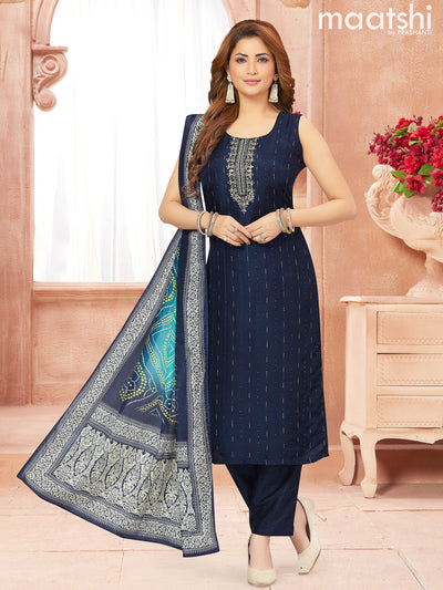 Chanderi readymade salwar suits navy blue with sequin mirror work neck pattern and straight cut pant & bandhani dupatta sleeve attached