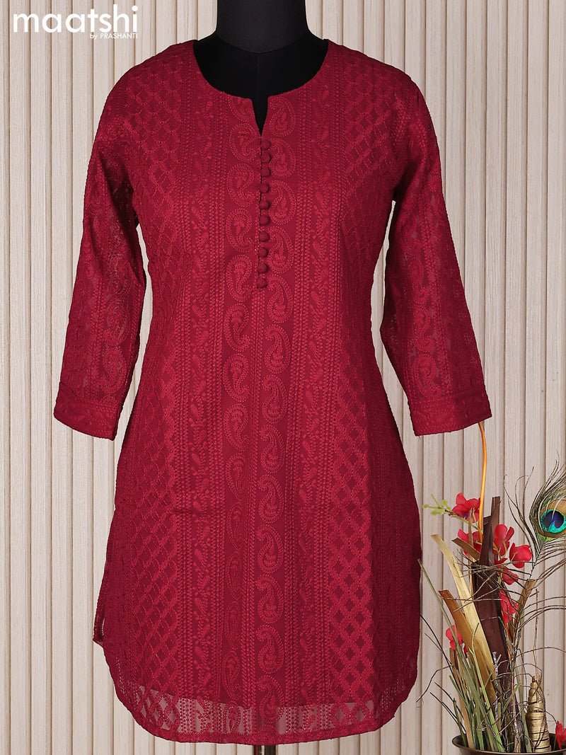 Semi georgette short kurti maroon with allover chikankari work & simple neck pattern without pant