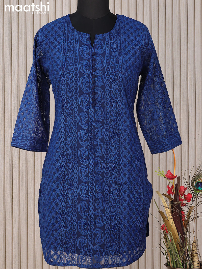 Semi georgette short kurti blue with allover chikankari work & simple neck pattern without pant